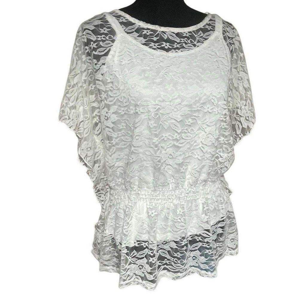 AB Studio Off White Lace Peplum Top Butterfly Sleeve XL Floral Smocked Waist